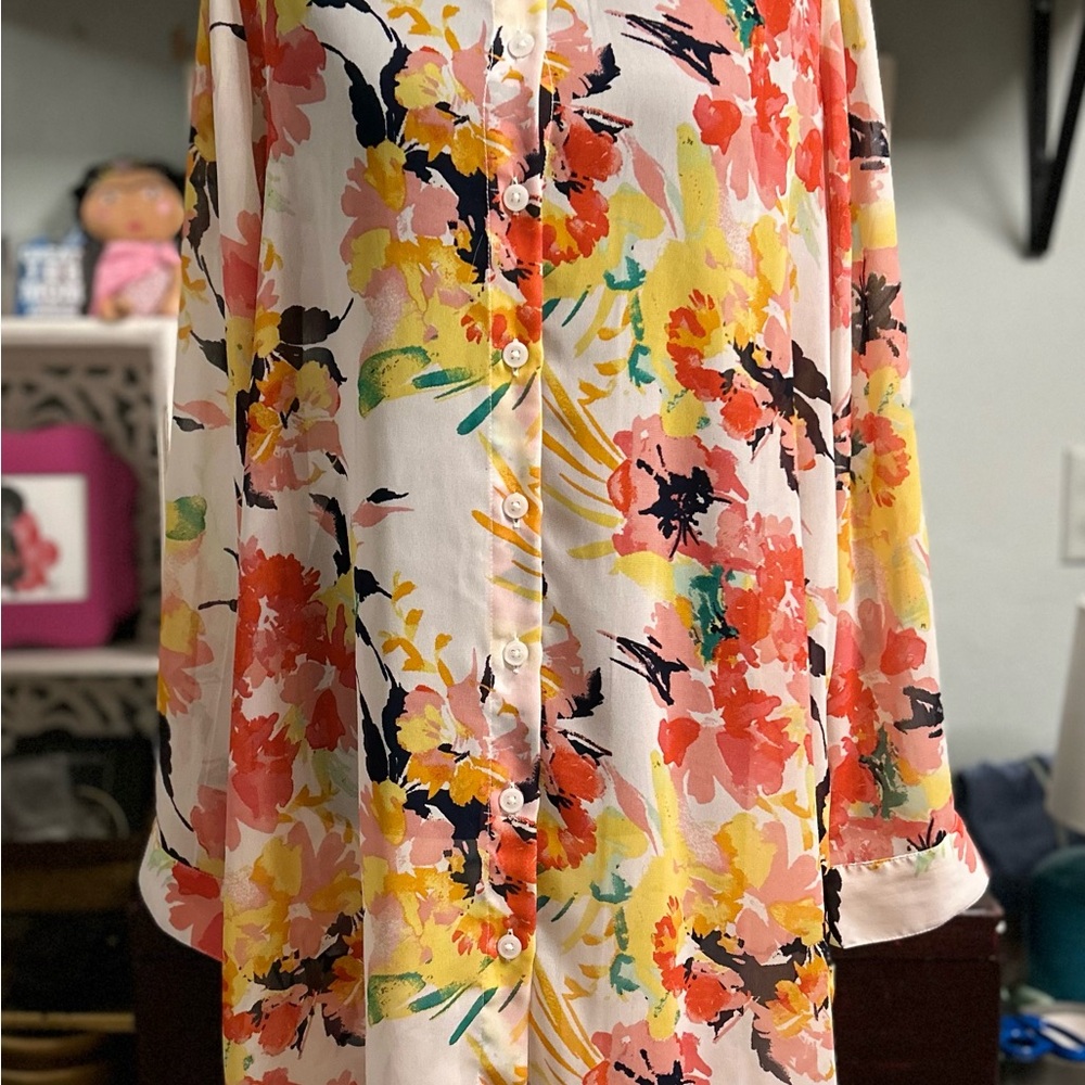 Jessica London Floral Button-Down Tunic - Pink and Orange